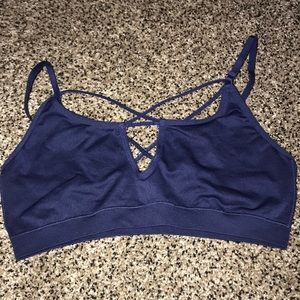 blue bralette, strappy front.